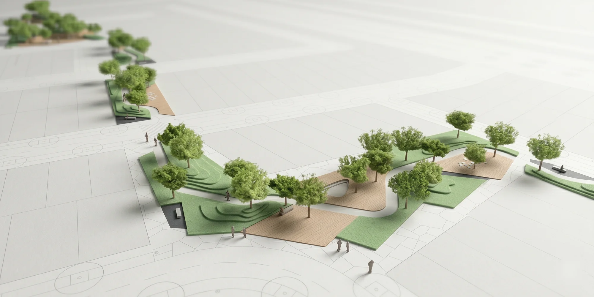Render of an olive-grove public space: paths, green areas and trees within an urban layout