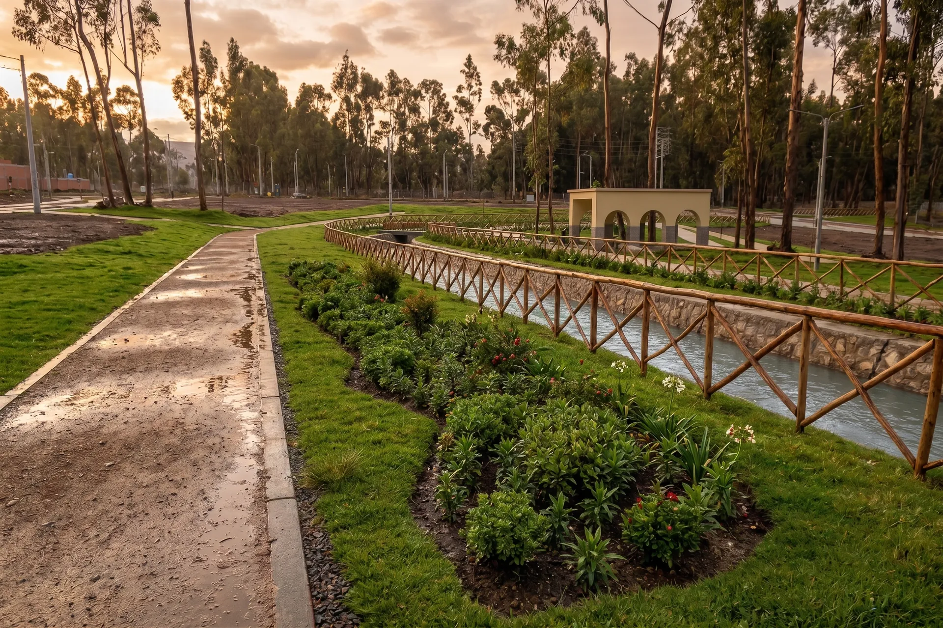 Canal de agua y jardines